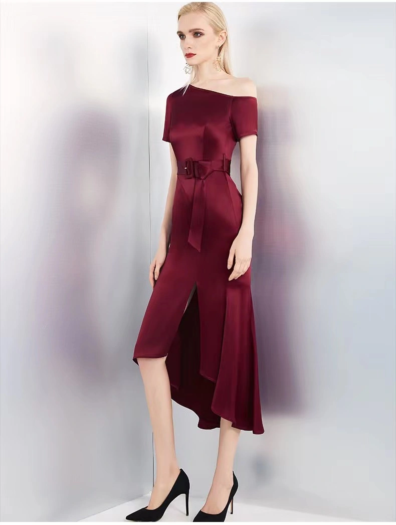 High Quality Satin Sexy Woman Luxure Wine One- Shoulder Irregular Fashion Ladies Dress with Belt