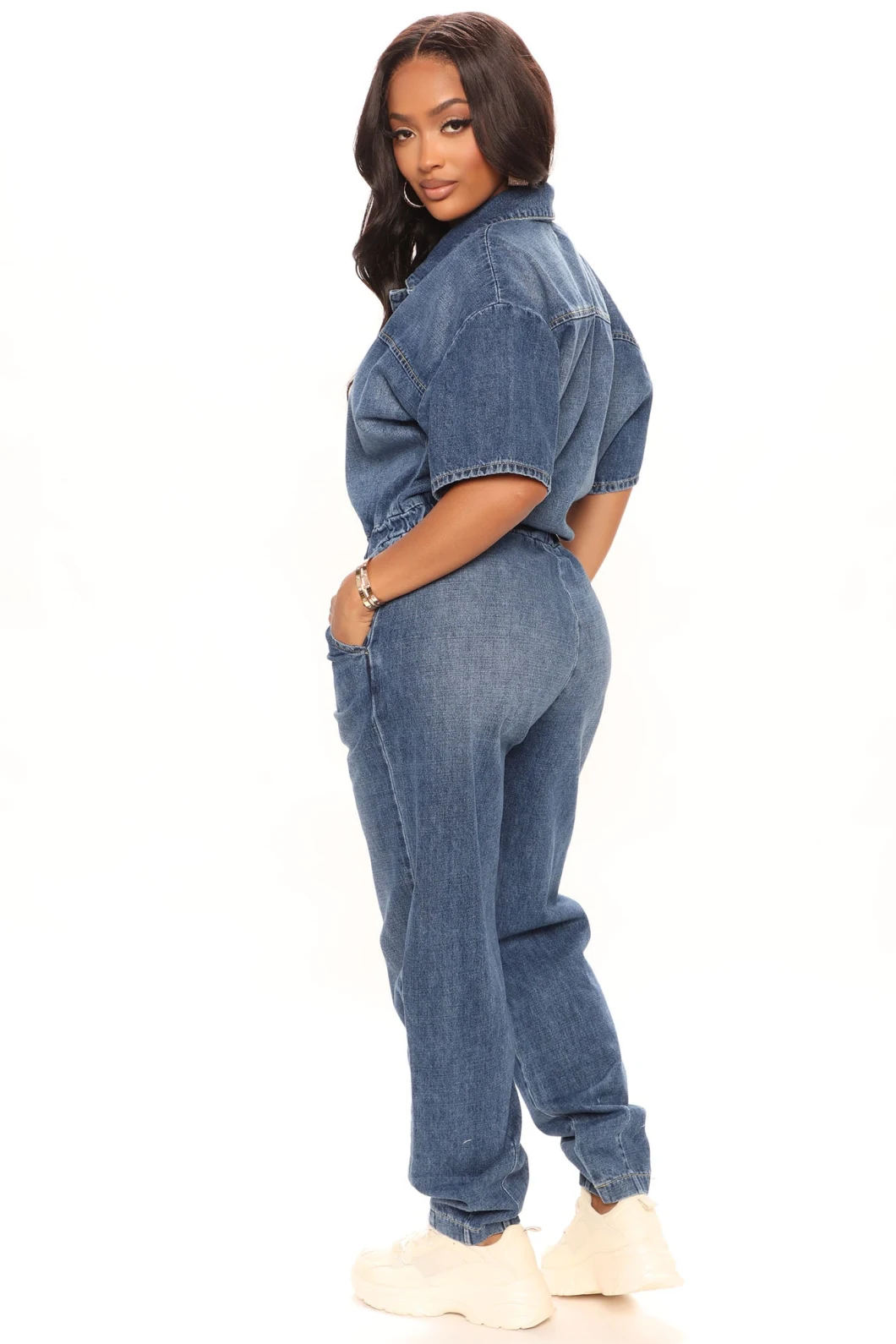 Women Clothing Short Sleeve Collar Elastic Waistband Wash Jogger Non-Stretch MID Blue Denim Jumpsuit