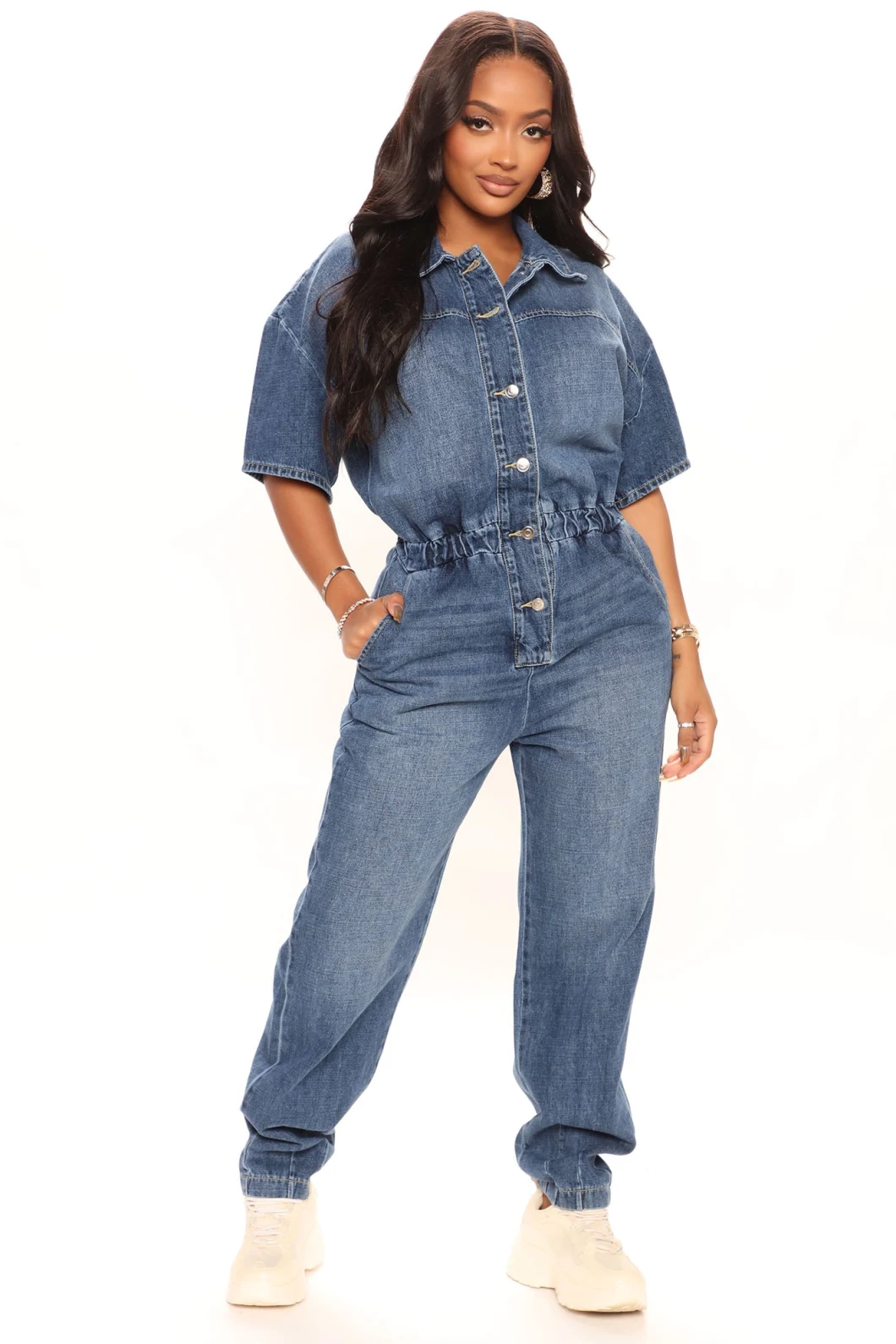 Women Clothing Short Sleeve Collar Elastic Waistband Wash Jogger Non-Stretch MID Blue Denim Jumpsuit