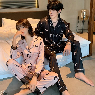 Couple Pyjamas Cardigan Long-Sleeved Pants Pajamas Suit Loose Lapel Sleepwear Cartoon Leisure Loungewear Sweet Women Pajamas