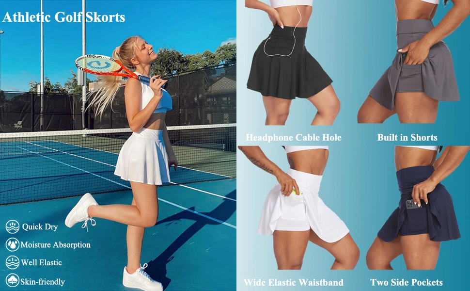 Golf Sports Skirts Shorts Women Tennis Skirt with Pocket Pleated Tennis Skirts Two Piece for Girls