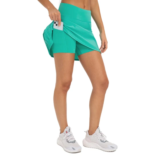 Dk331 Nuova gonna da tennis a pieghe elegante, raffreddata ad acqua, ad asciugatura rapida con tasca laterale incorporata, pantaloncini da yoga anti-luce per donna